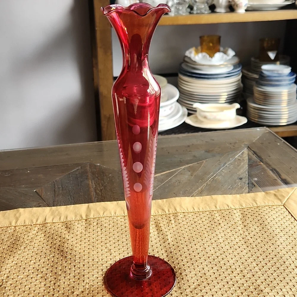 Cranberry Etched Glass Vase Mid Century Modern Fragile Collectible